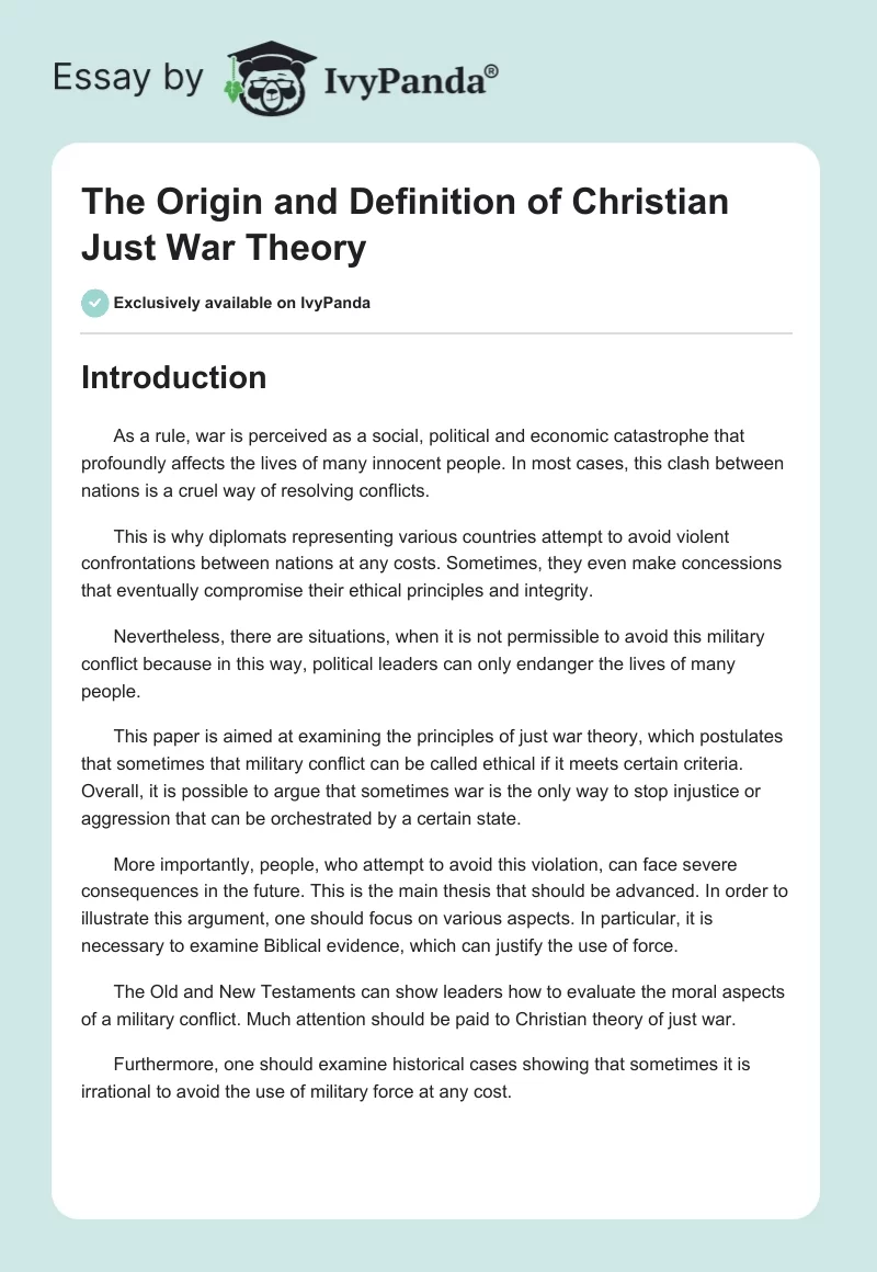 The Origin and Definition of Christian Just War Theory. Page 1
