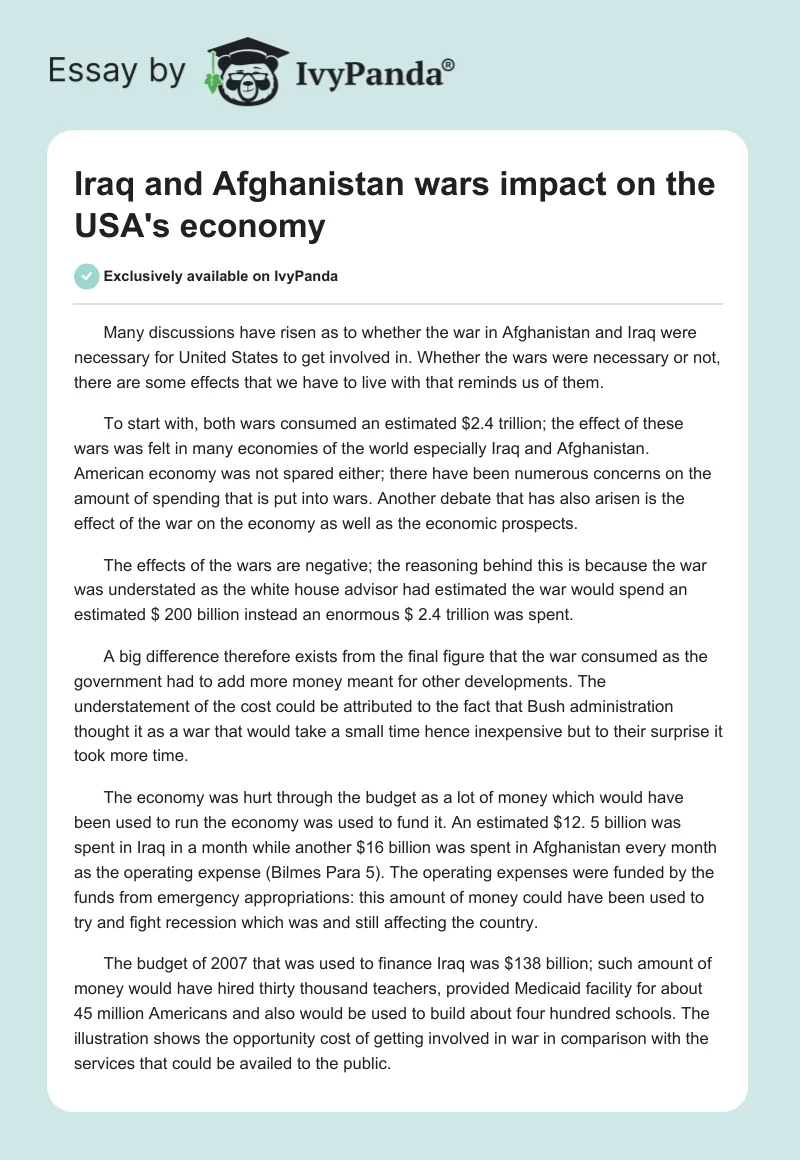 Iraq and Afghanistan Wars Impact on the USA's Economy. Page 1