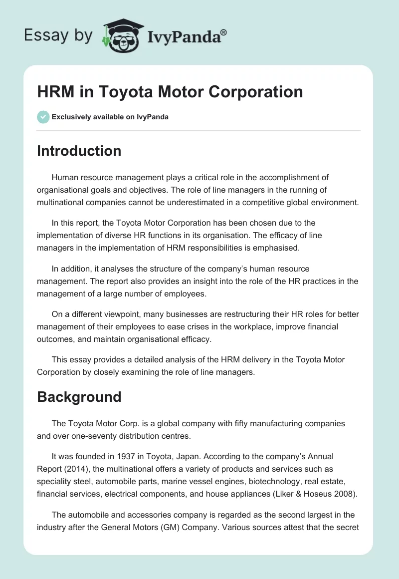 Human Resource Management Structure of Toyota. Page 1