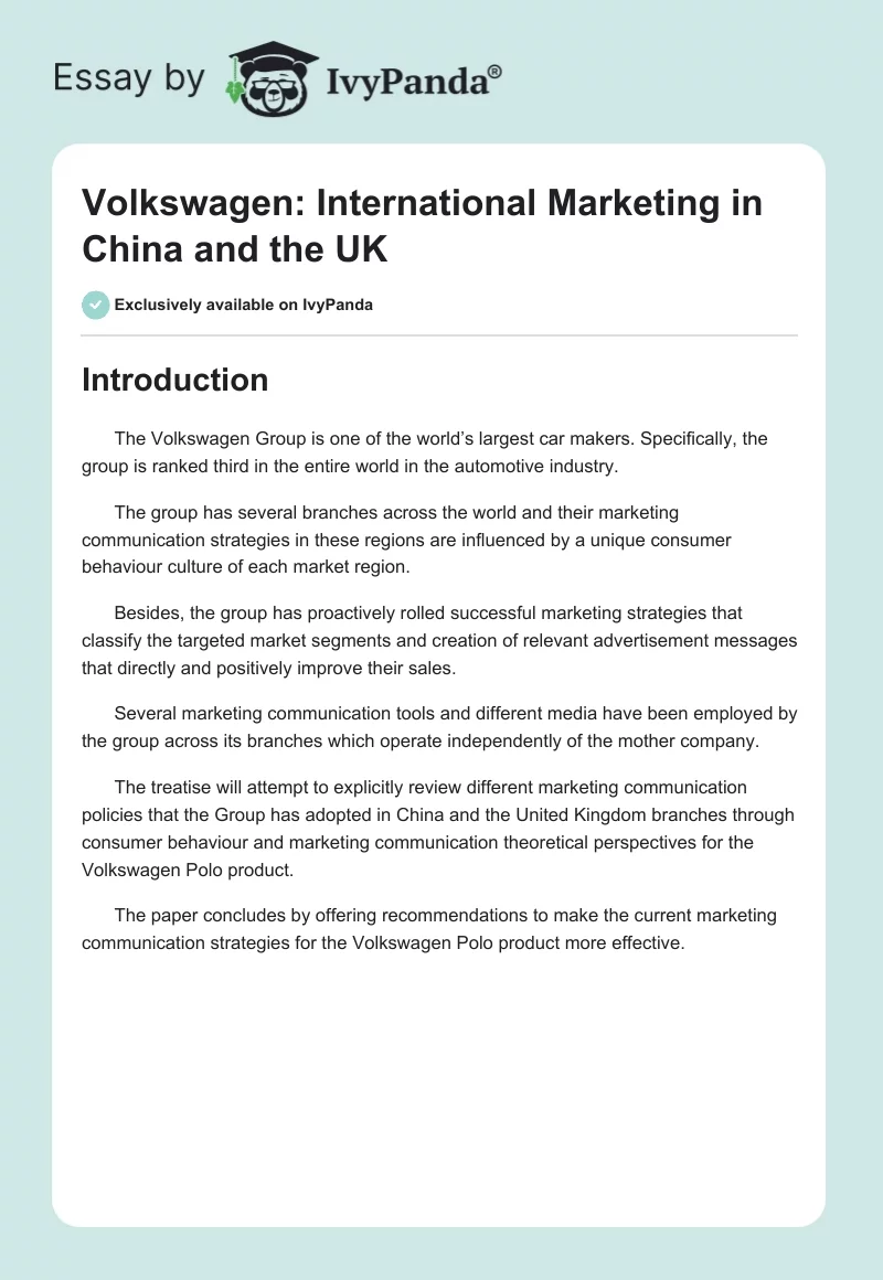 Volkswagen: International Marketing in China and the UK. Page 1