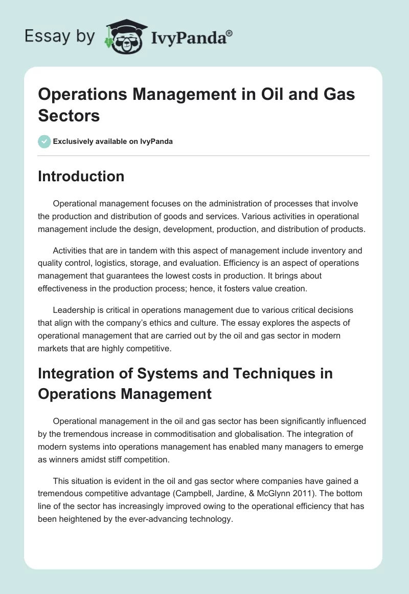 Operations Management in Oil and Gas Sectors. Page 1