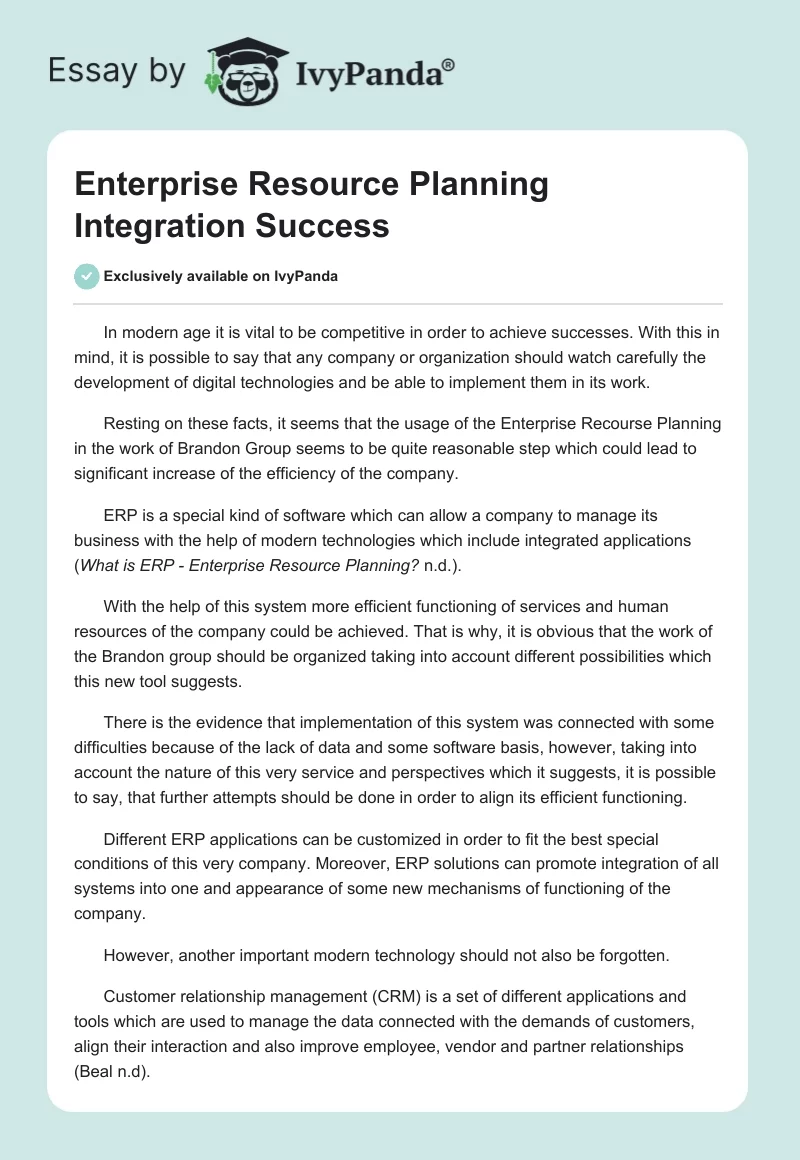 Enterprise Resource Planning  Integration Success. Page 1