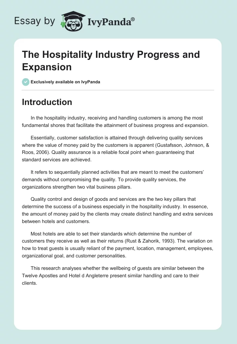 The Hospitality Industry Progress and Expansion. Page 1