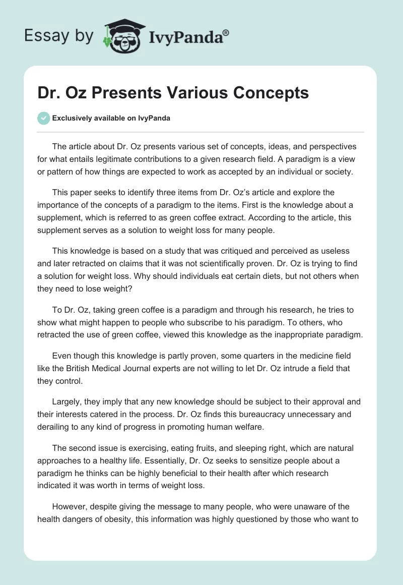 Dr. Oz Presents Various Concepts. Page 1