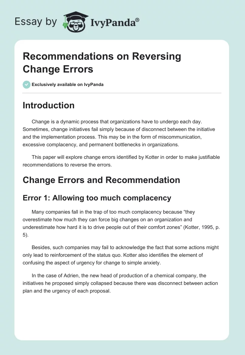 Recommendations on Reversing Change Errors. Page 1