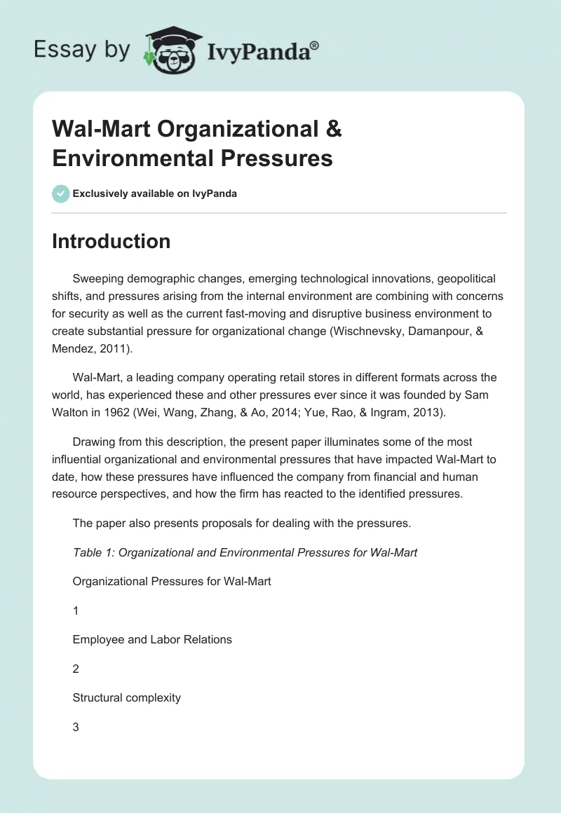 Wal-Mart Organizational & Environmental Pressures. Page 1