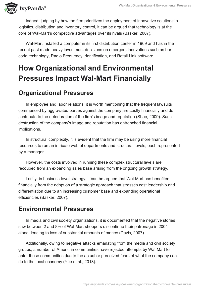 Wal-Mart Organizational & Environmental Pressures. Page 4