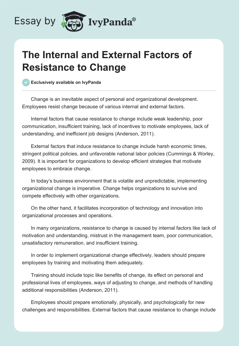 The Internal and External Factors of Resistance to Change. Page 1
