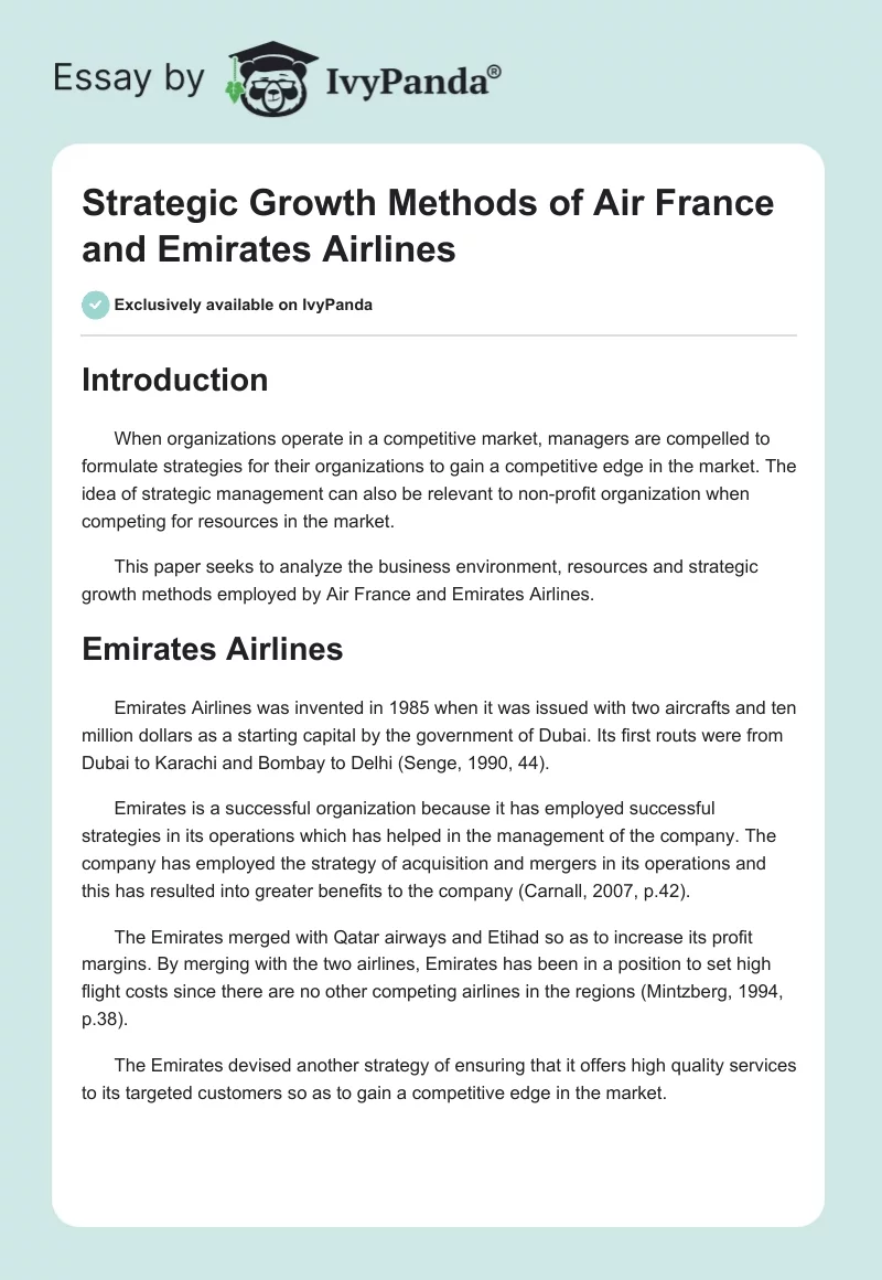 Strategic Growth Methods of Air France and Emirates Airlines. Page 1