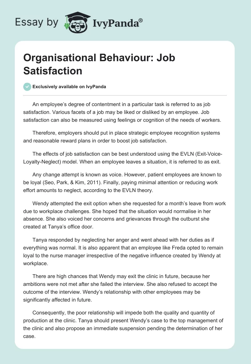 Organisational Behaviour: Job Satisfaction. Page 1