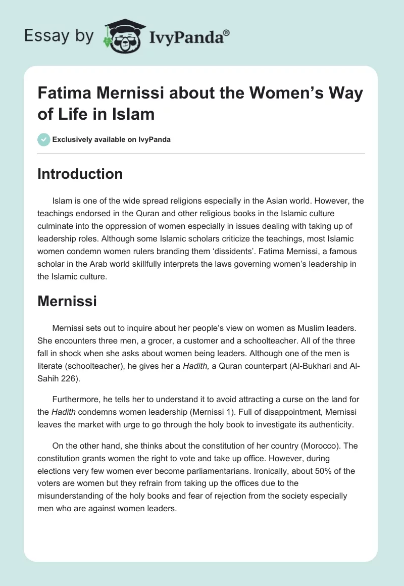 Fatima Mernissi about the Women’s Way of Life in Islam. Page 1