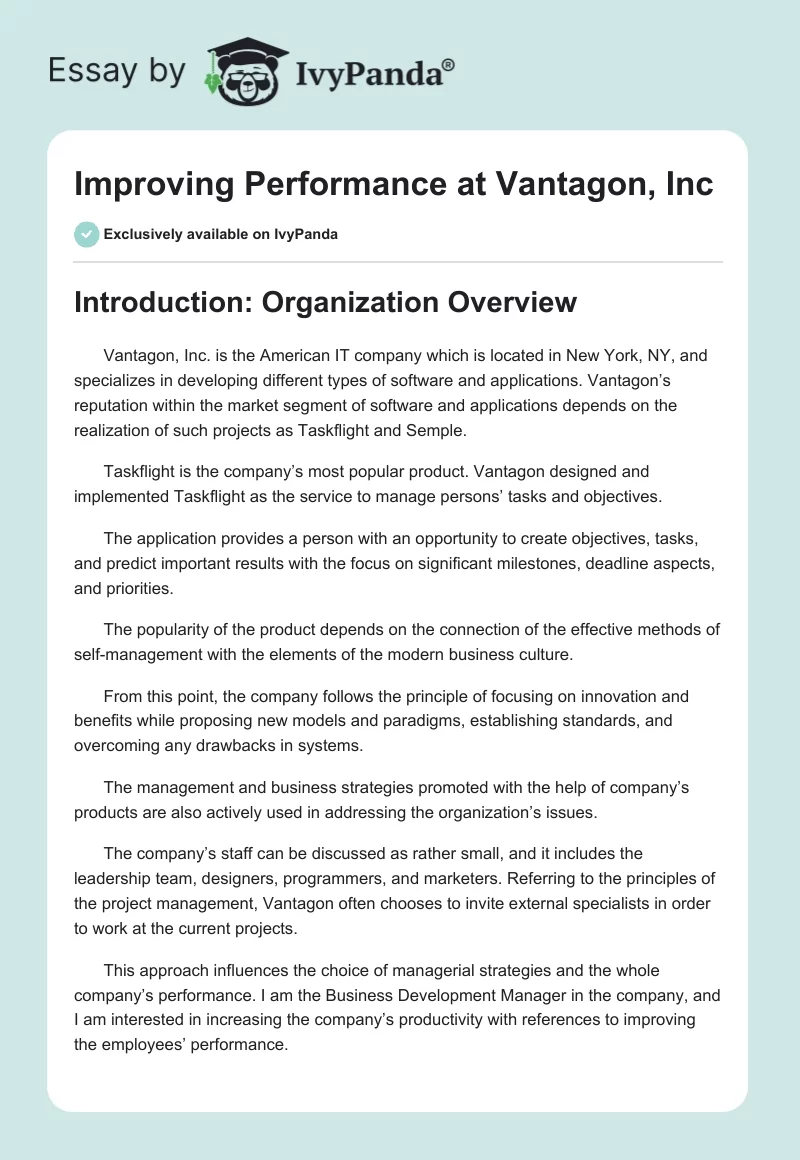 Improving Performance at Vantagon, Inc. Page 1