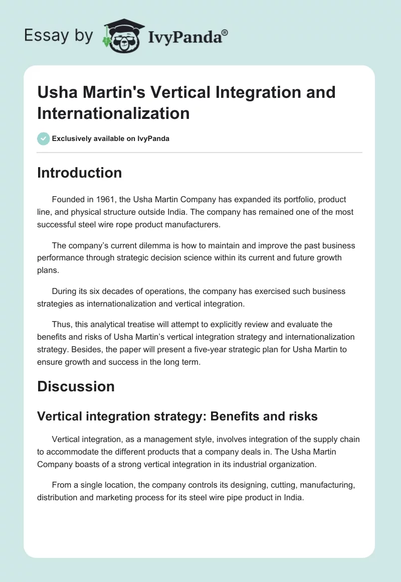 Usha Martin's Vertical Integration and Internationalization. Page 1