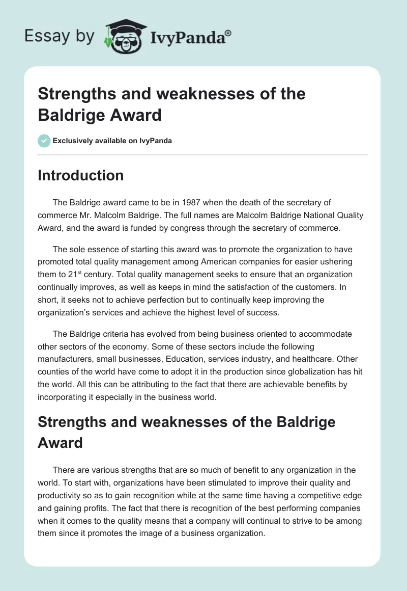 Strengths and Weaknesses of the Baldrige Award. Page 1