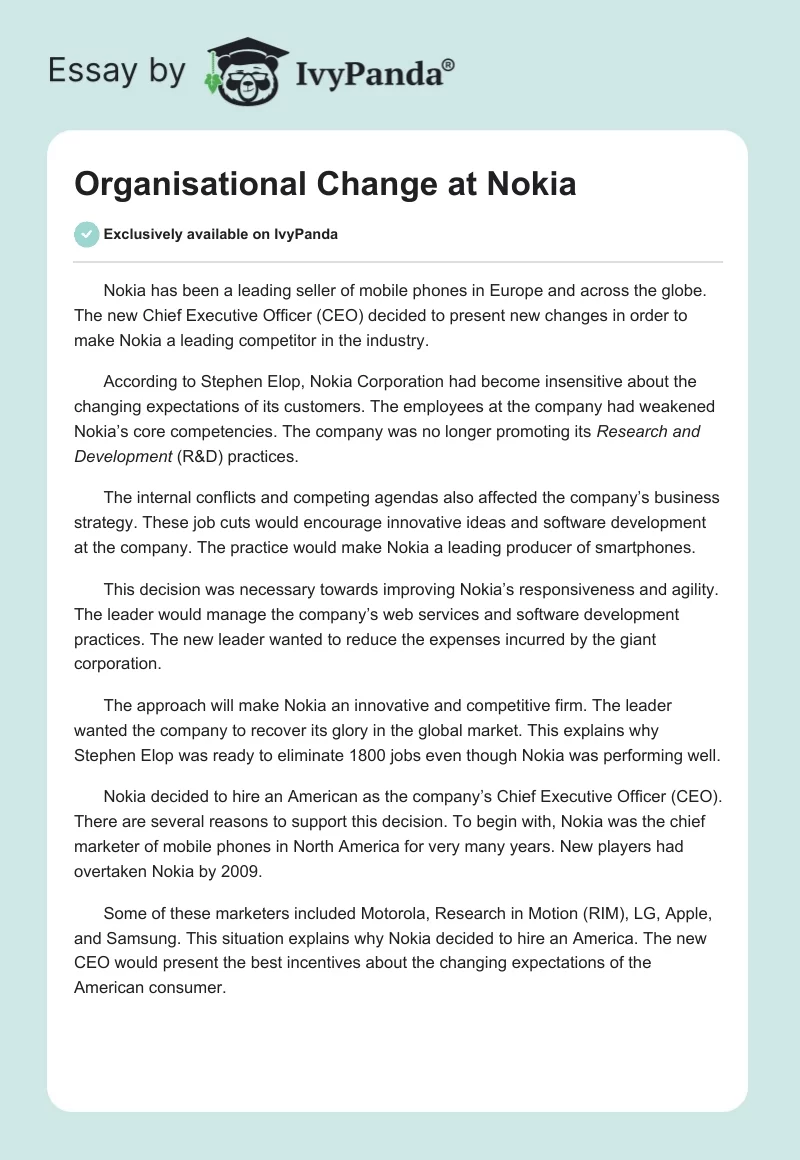 Organisational Change at Nokia. Page 1