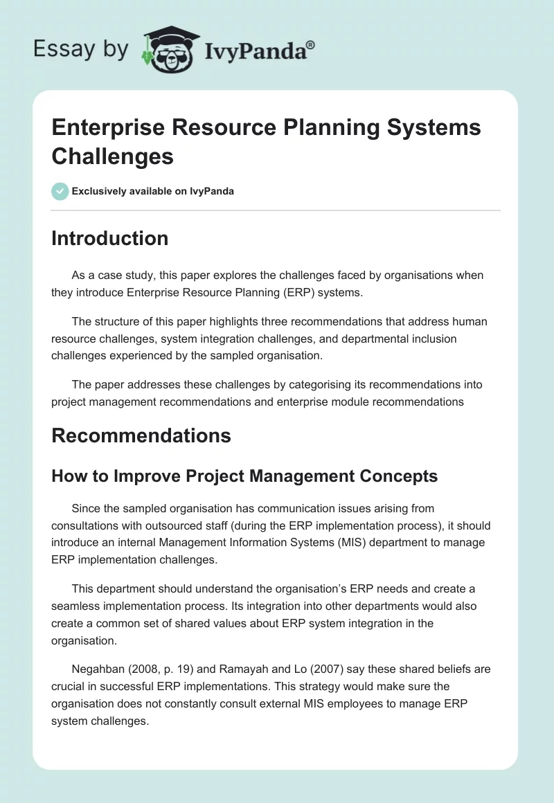 Enterprise Resource Planning Systems Challenges. Page 1