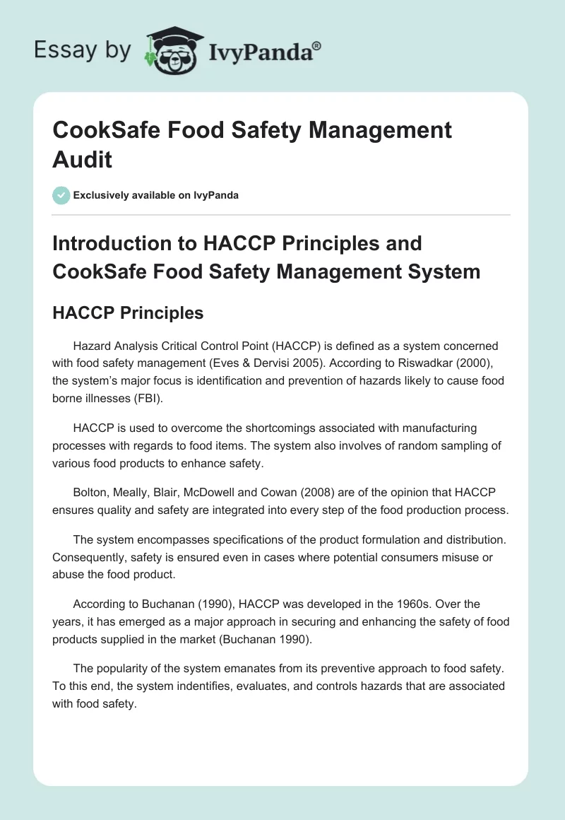 CookSafe Food Safety Management Audit. Page 1