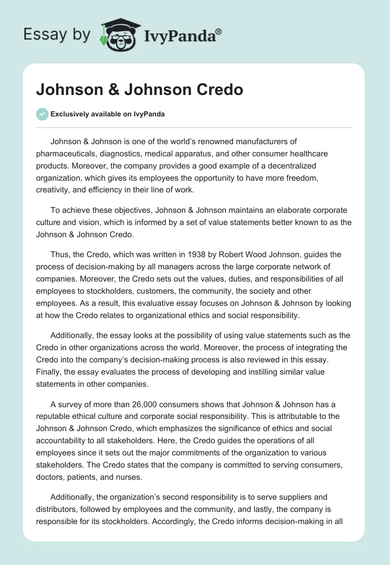 Johnson & Johnson Credo. Page 1