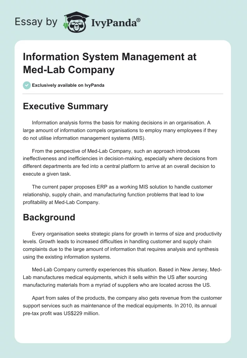 Information System Management at Med-Lab Company. Page 1