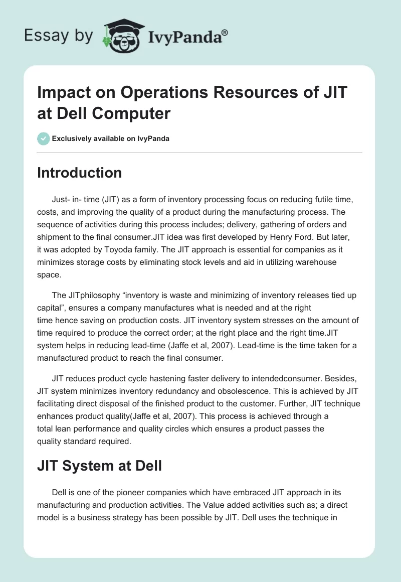 Impact on Operations Resources of JIT at Dell Computer. Page 1