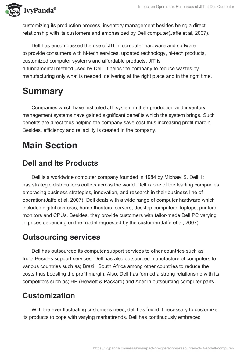 Impact on Operations Resources of JIT at Dell Computer. Page 2