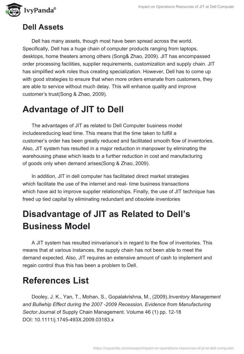 Impact on Operations Resources of JIT at Dell Computer. Page 4