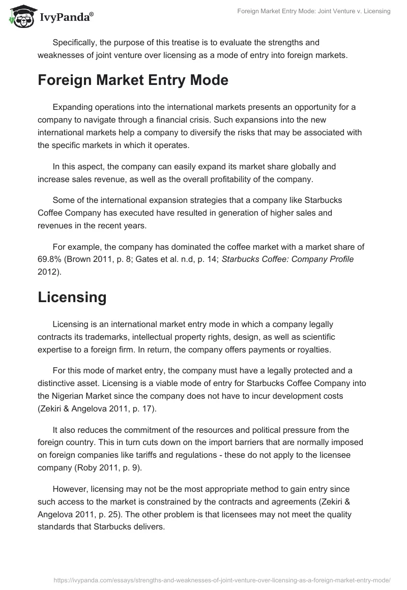 Foreign Market Entry Mode: Joint Venture v. Licensing. Page 2