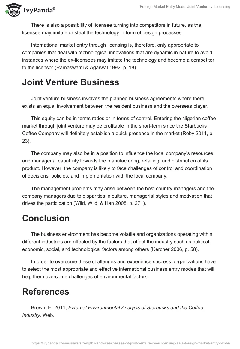 Foreign Market Entry Mode: Joint Venture v. Licensing. Page 3