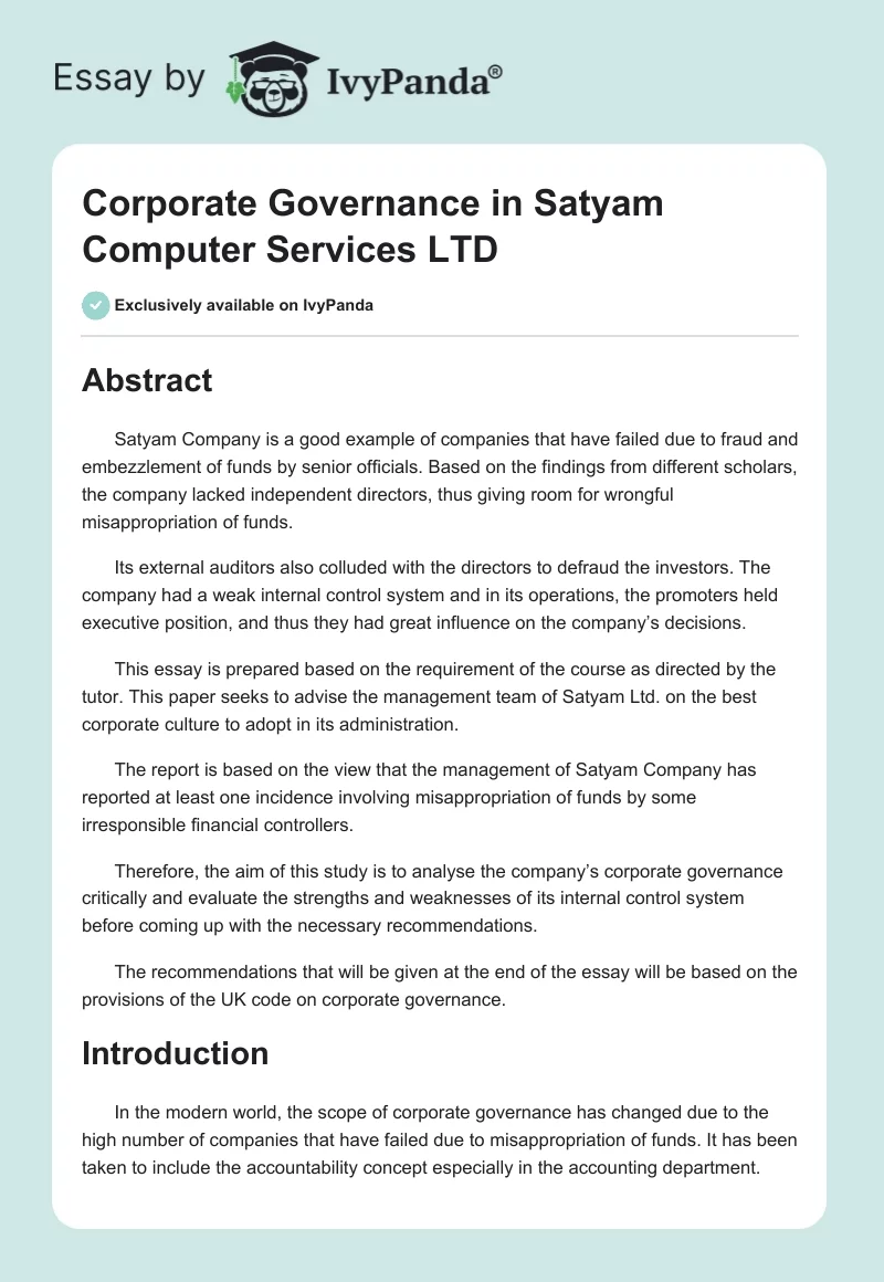 Corporate Governance in Satyam Computer Services LTD. Page 1