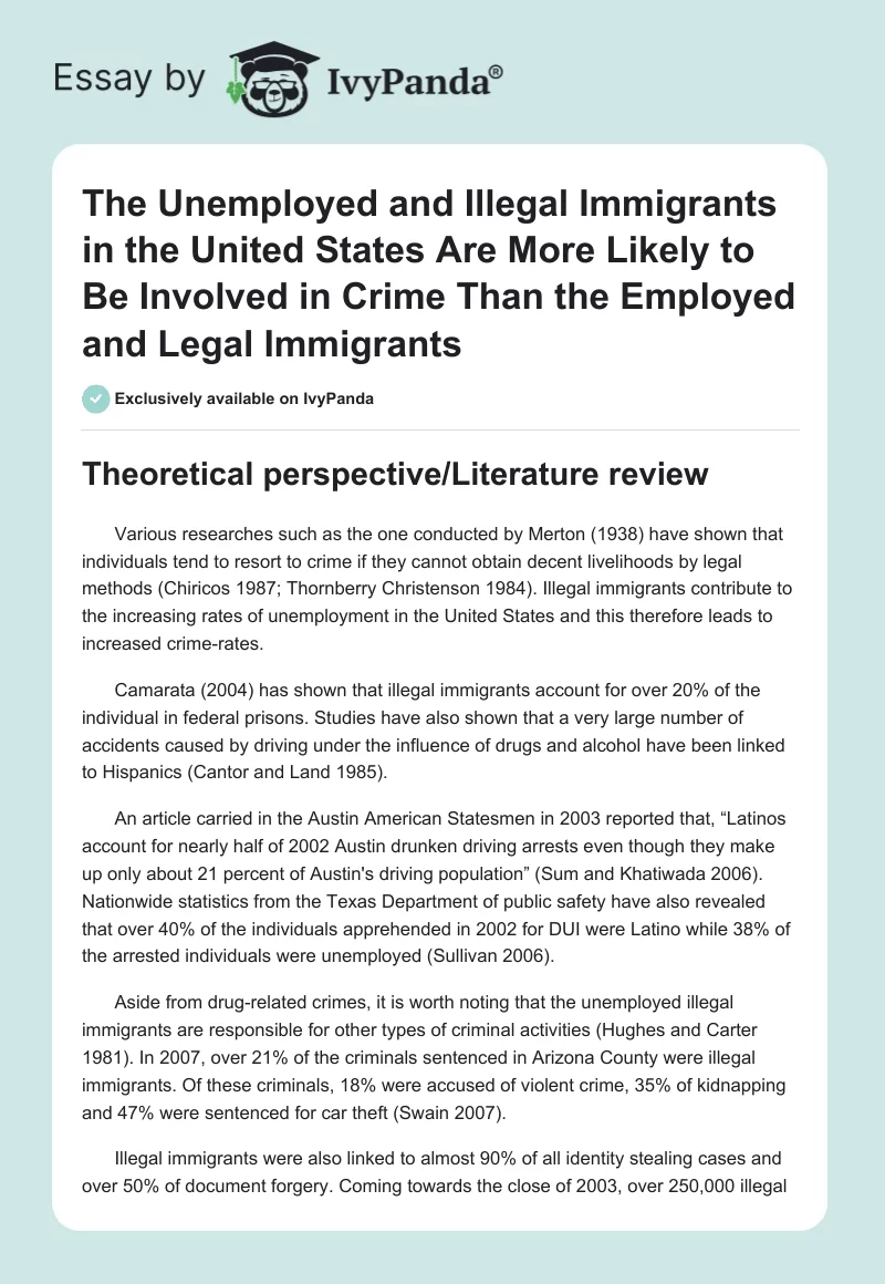 The Unemployed and Illegal Immigrants in the United States Are More Likely to Be Involved in Crime Than the Employed and Legal Immigrants. Page 1