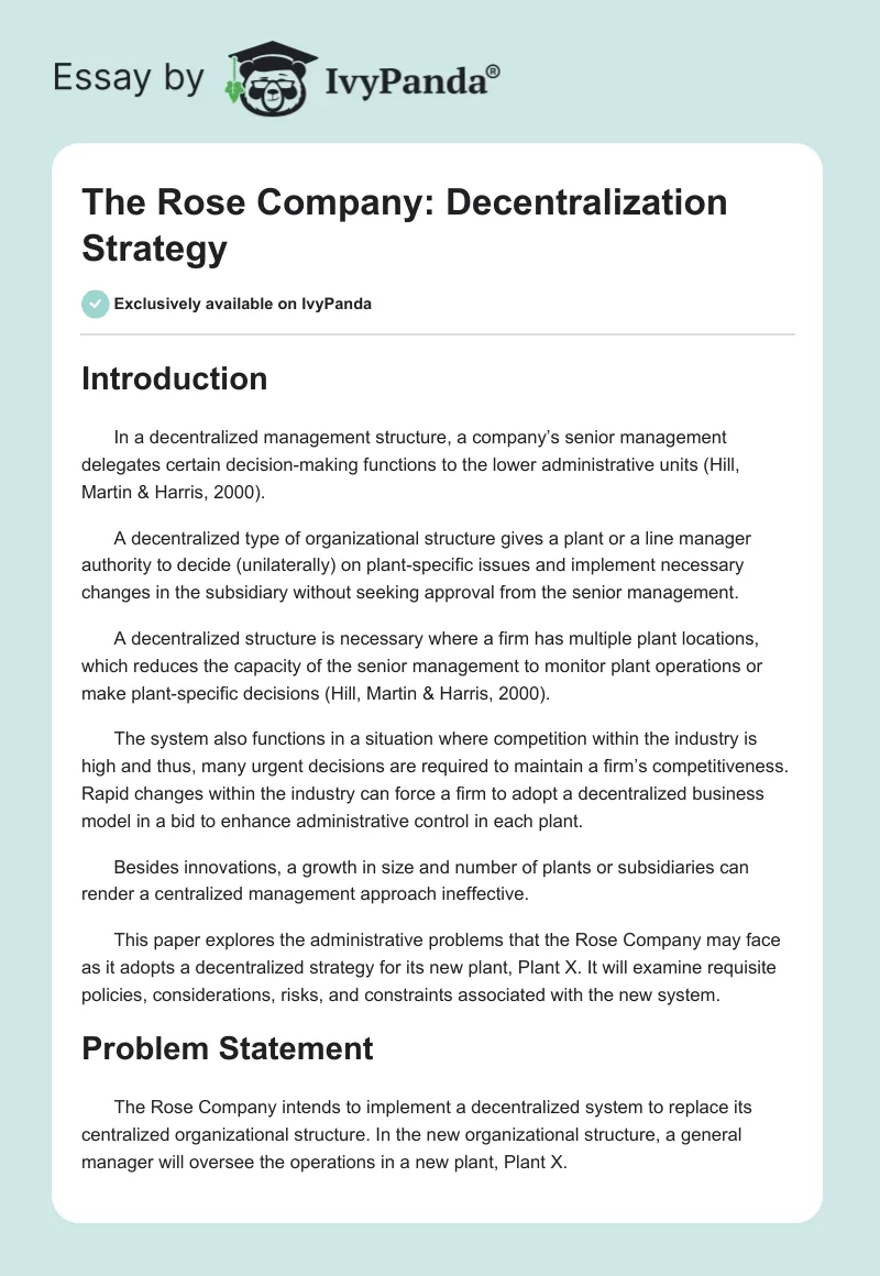 The Rose Company: Decentralization Strategy. Page 1
