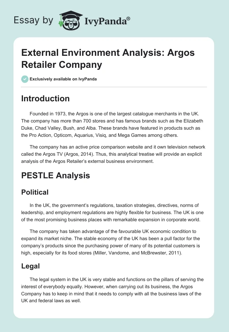 External Environment Analysis: Argos Retailer Company. Page 1