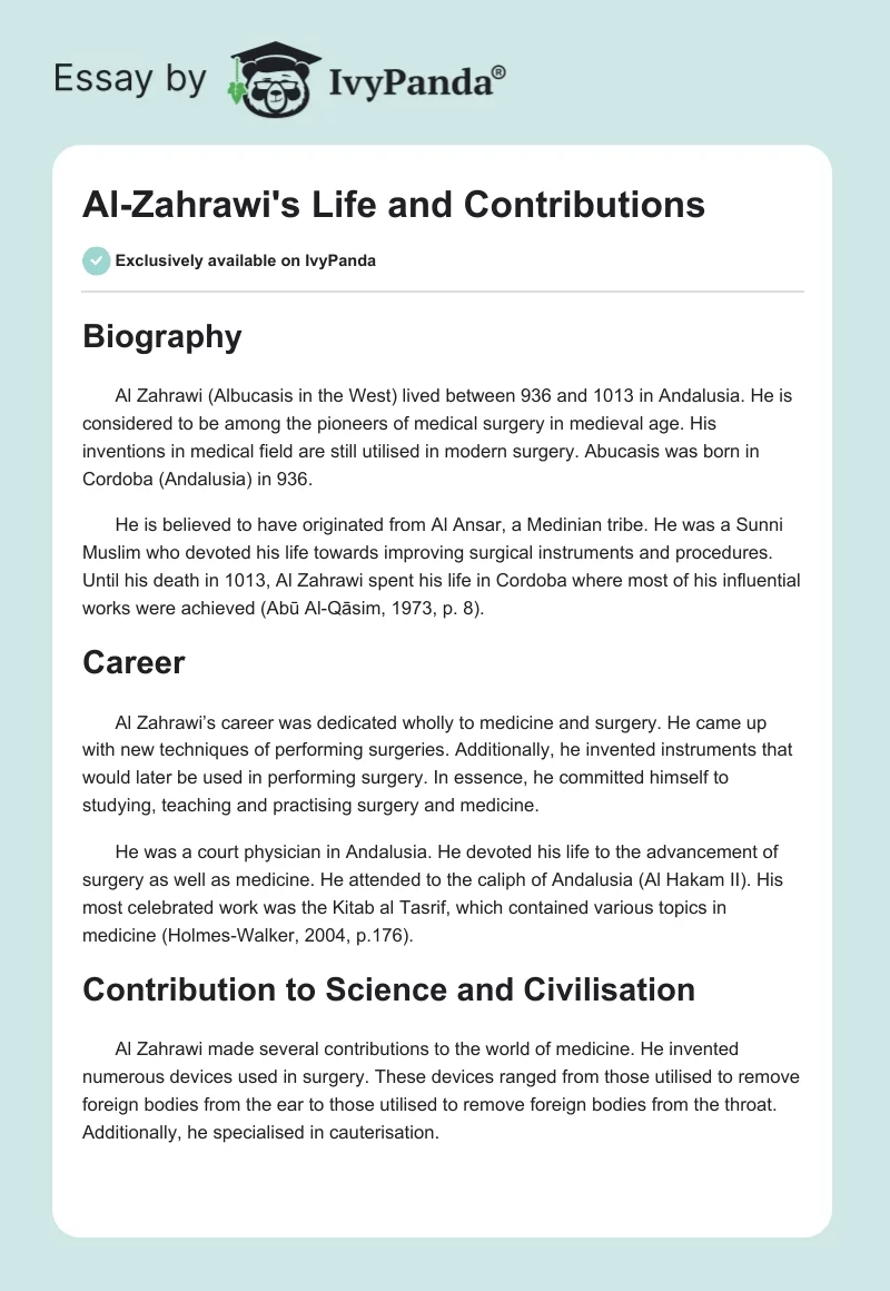 Al-Zahrawi's Life and Contributions. Page 1