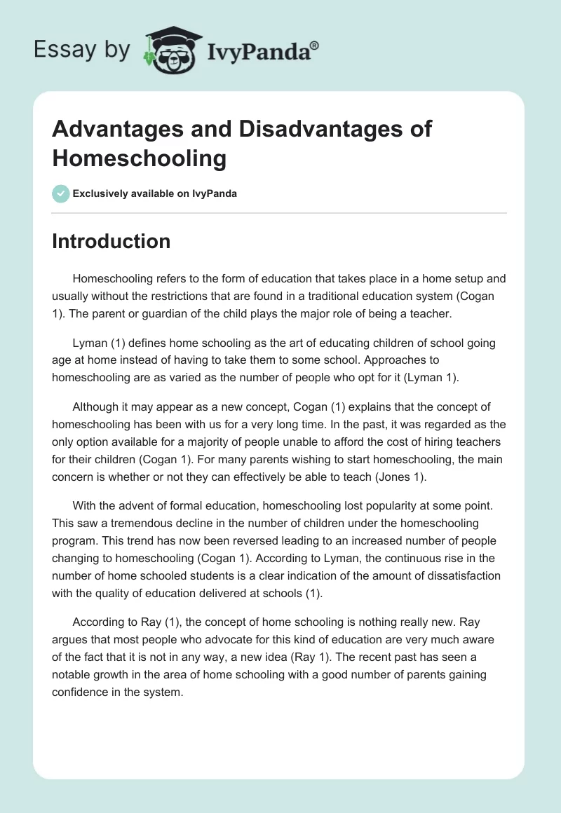 Advantages and Disadvantages of Homeschooling. Page 1