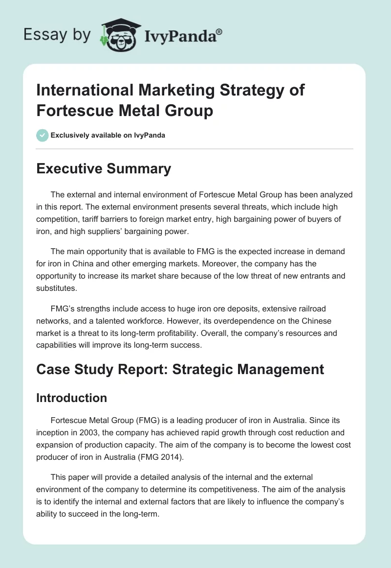 International Marketing Strategy of Fortescue Metal Group. Page 1