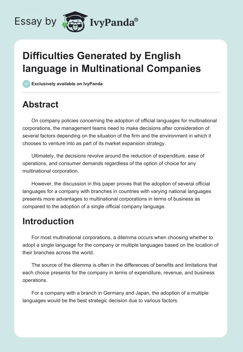 Difficulties Generated by English language in Multinational Companies. Page 1