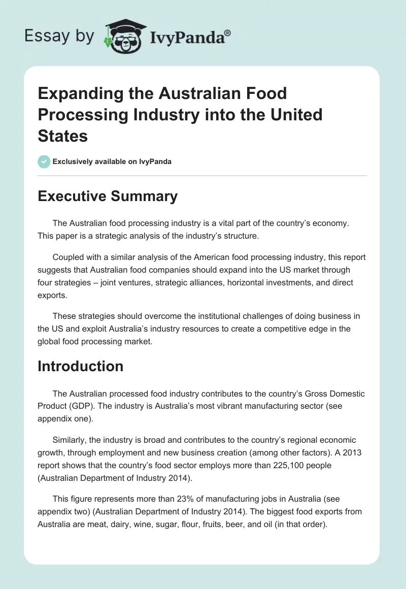 Expanding the Australian Food Processing Industry into the United States. Page 1