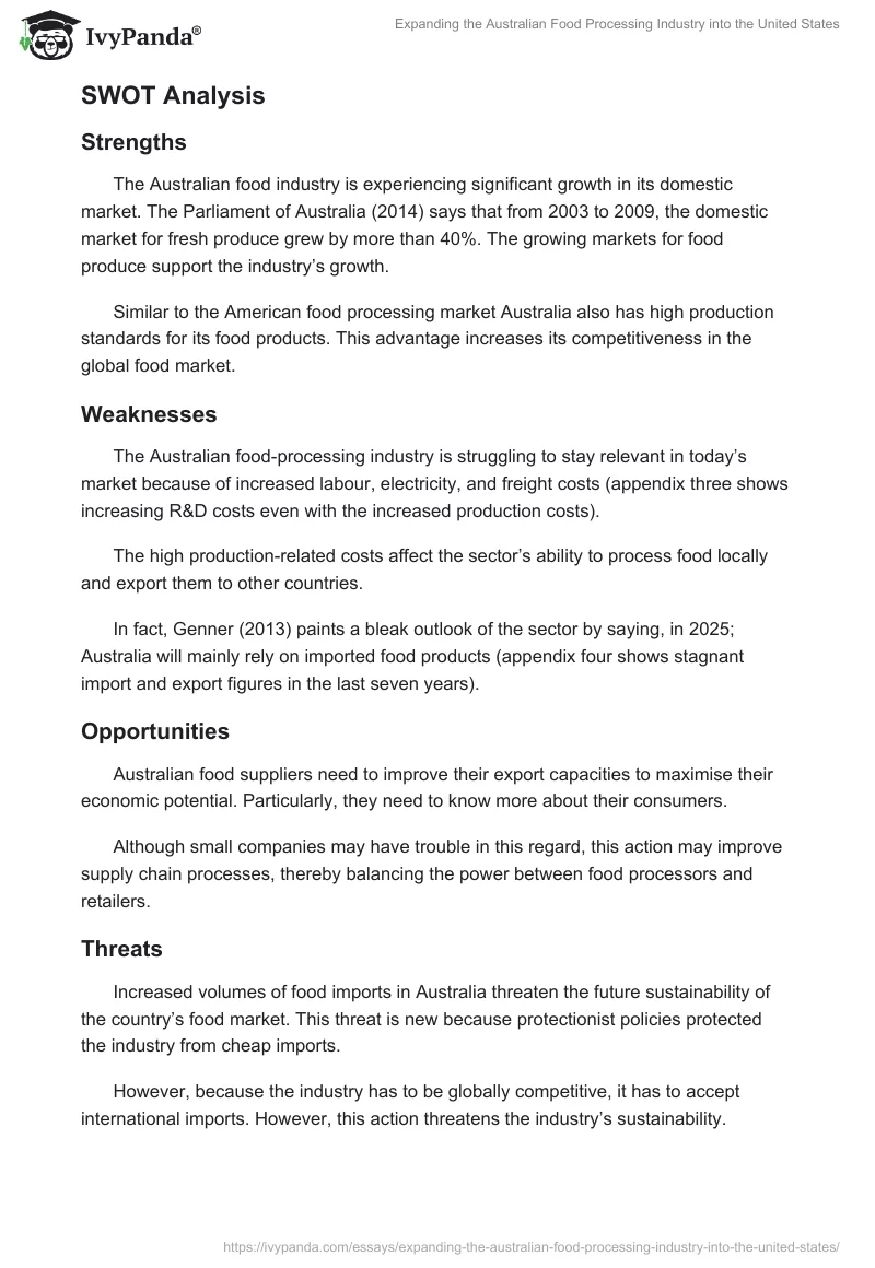 Expanding the Australian Food Processing Industry into the United States. Page 4