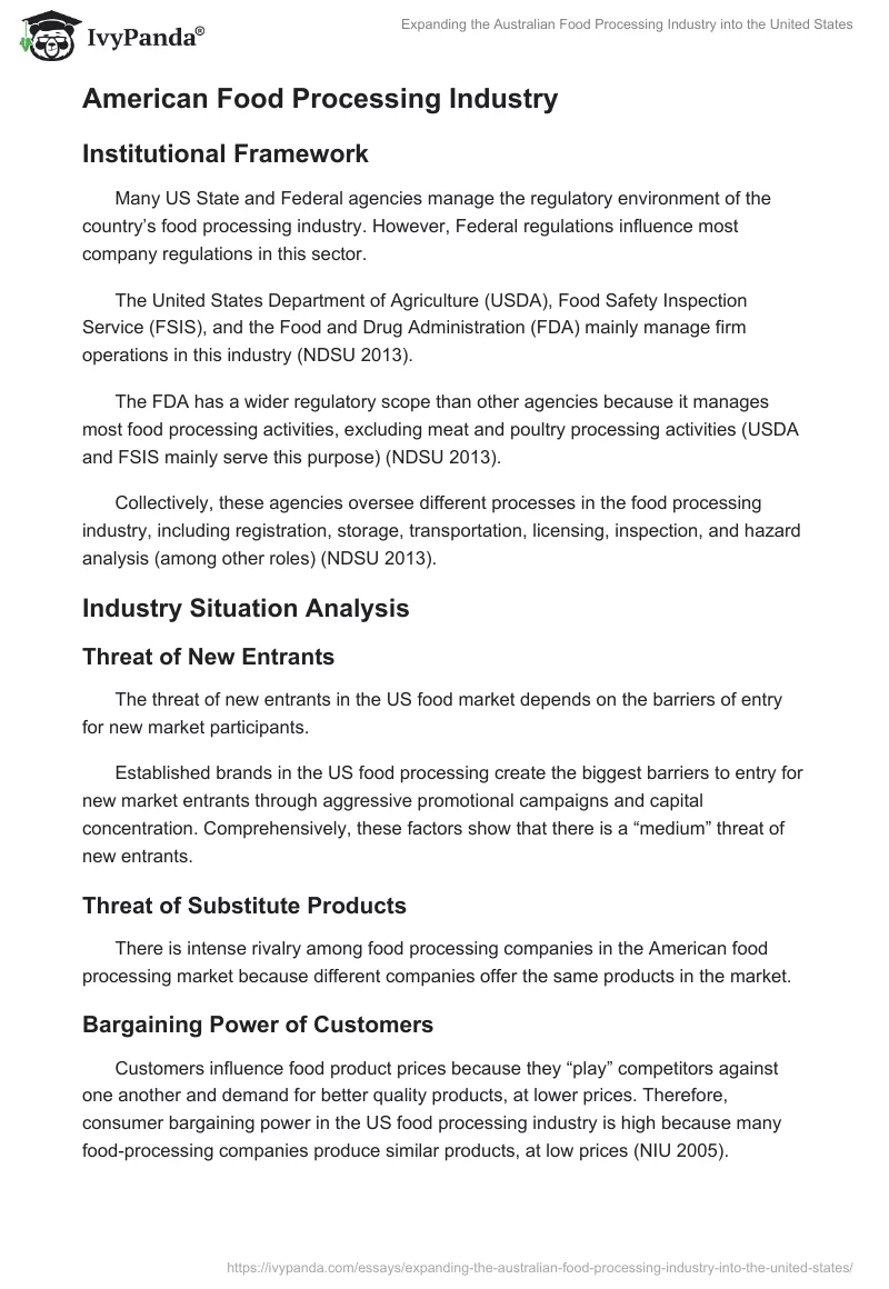 Expanding the Australian Food Processing Industry into the United States. Page 5