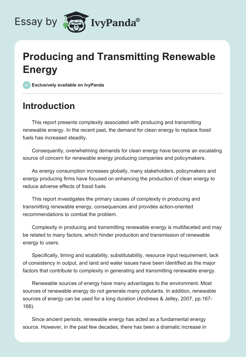 Producing and Transmitting Renewable Energy. Page 1