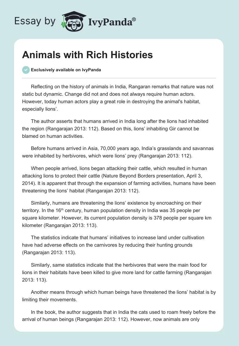 Animals with Rich Histories - 563 Words | Essay Example