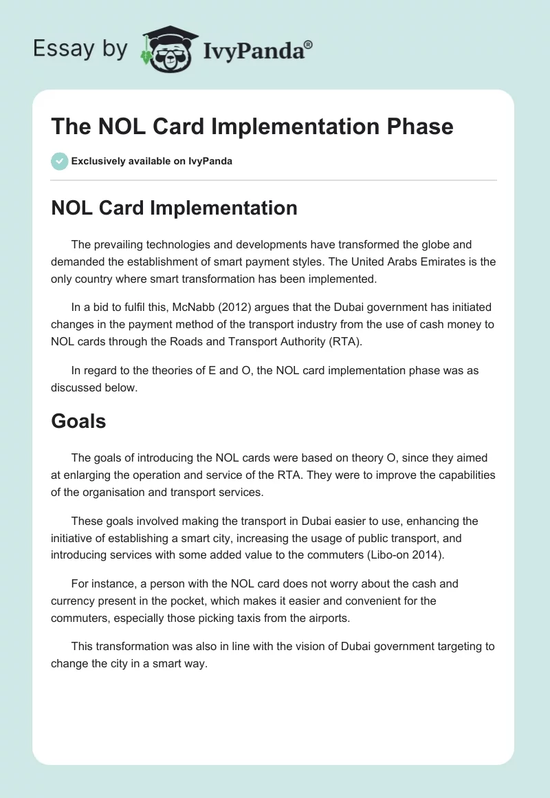 The NOL Card Implementation Phase. Page 1