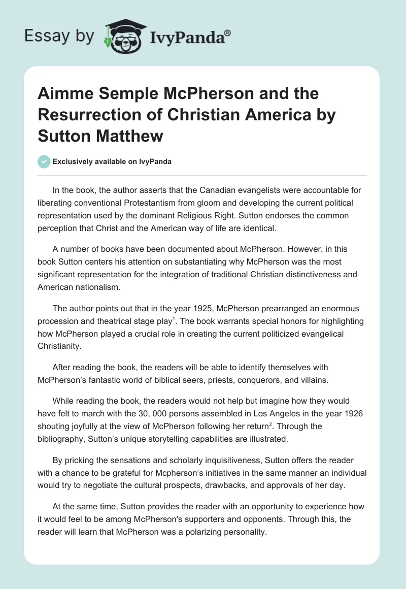 "Aimme Semple McPherson and the Resurrection of Christian America" by Sutton Matthew. Page 1