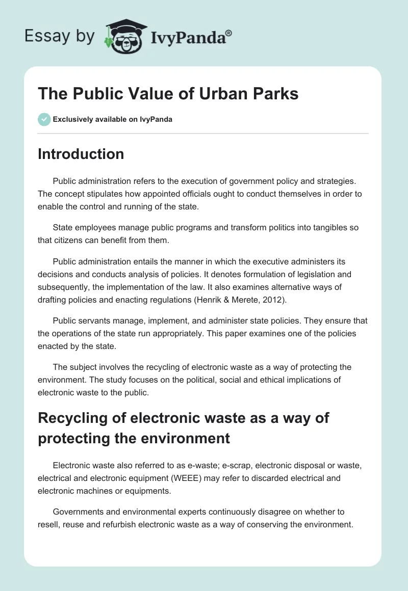 The Public Value of Urban Parks. Page 1