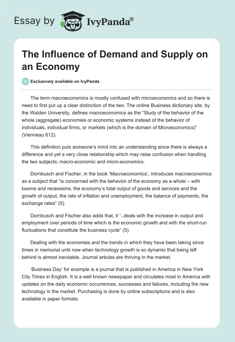 The Influence of Demand and Supply on an Economy. Page 1