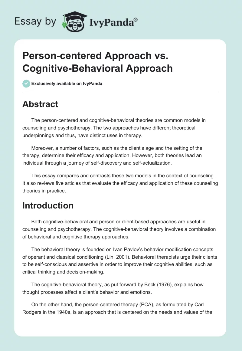 Person-centered Approach vs. Cognitive-Behavioral Approach. Page 1