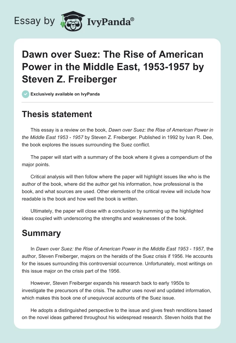 Dawn over Suez: The Rise of American Power in the Middle East, 1953-1957 by Steven Z. Freiberger. Page 1