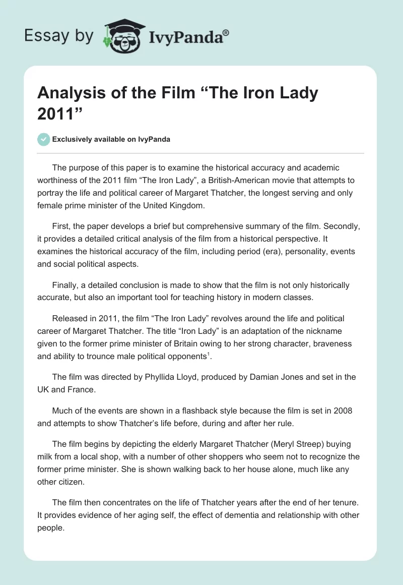 Analysis of the Film “The Iron Lady 2011”. Page 1