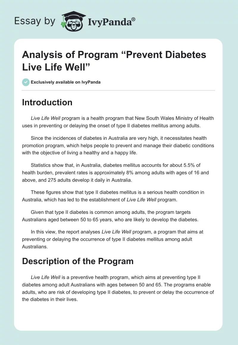 Analysis of Program “Prevent Diabetes Live Life Well”. Page 1