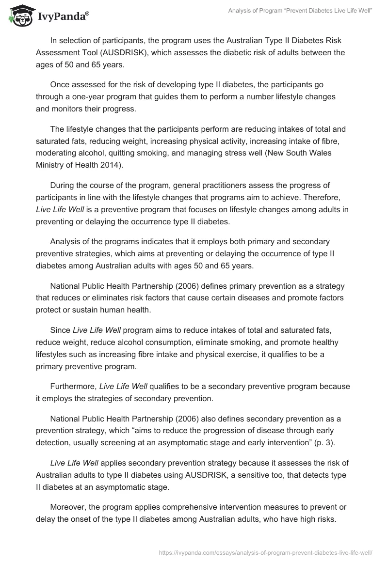Analysis of Program “Prevent Diabetes Live Life Well”. Page 2